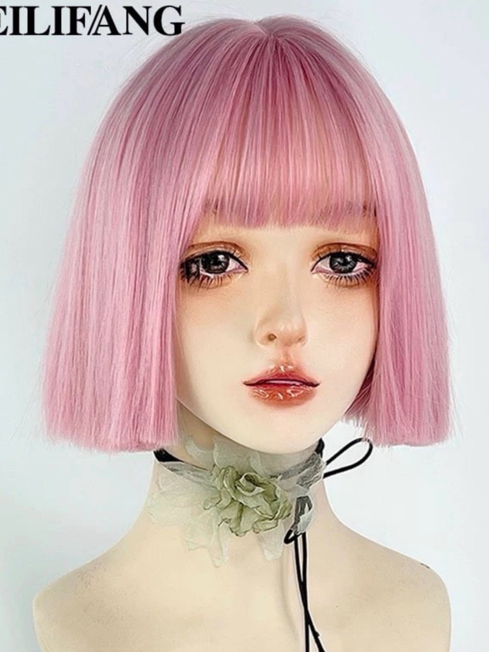 Short Straight Bob Wig with Blunt Bangs - Pastel Pink